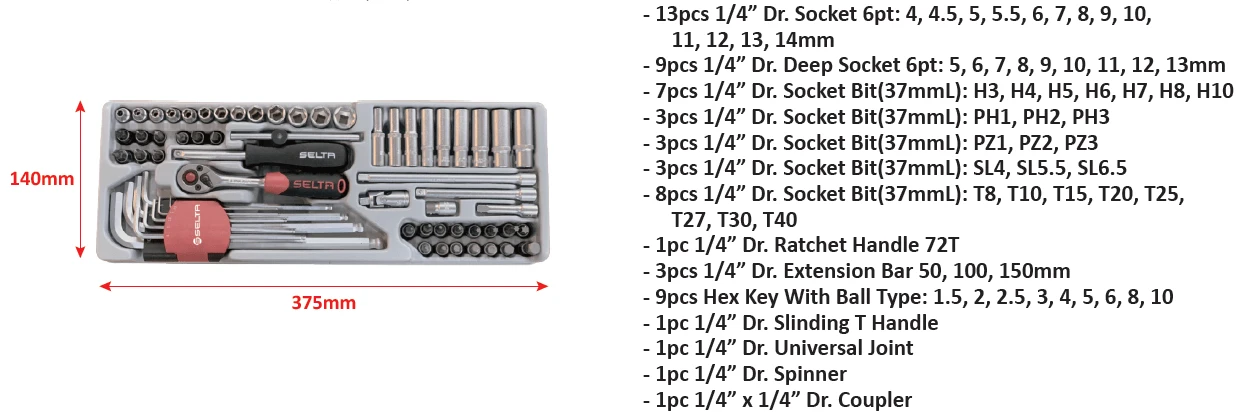 JEU DE 64 OUTIILS COMBINES A DOUILLES  1/4" SELTA - 2565 – Image 2